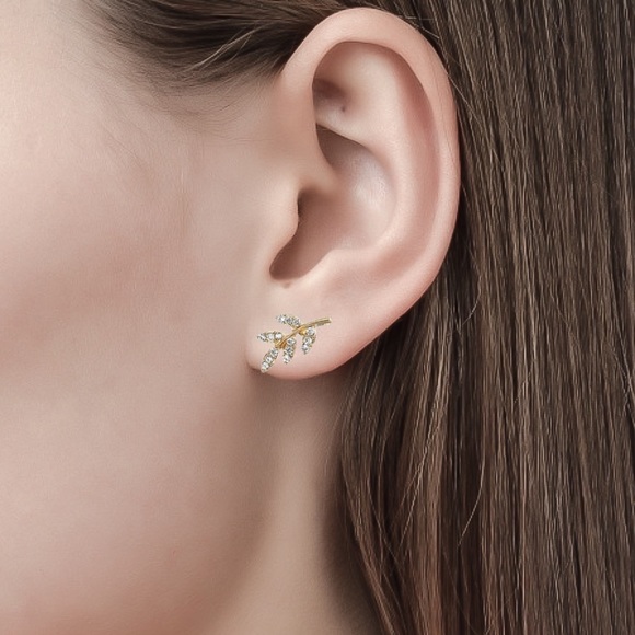 Gold & Crystal Leaf Stud Earrings - Picture 5 of 8
